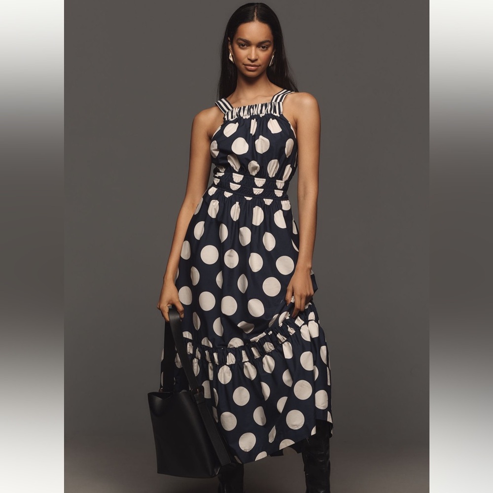 Anthropologie Navy Blue and White Polka Dot Midi Dress